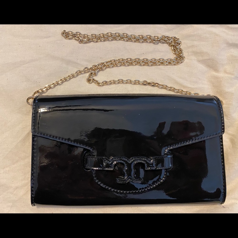 Tory Burch Like New Black Patent Clutch w/chain